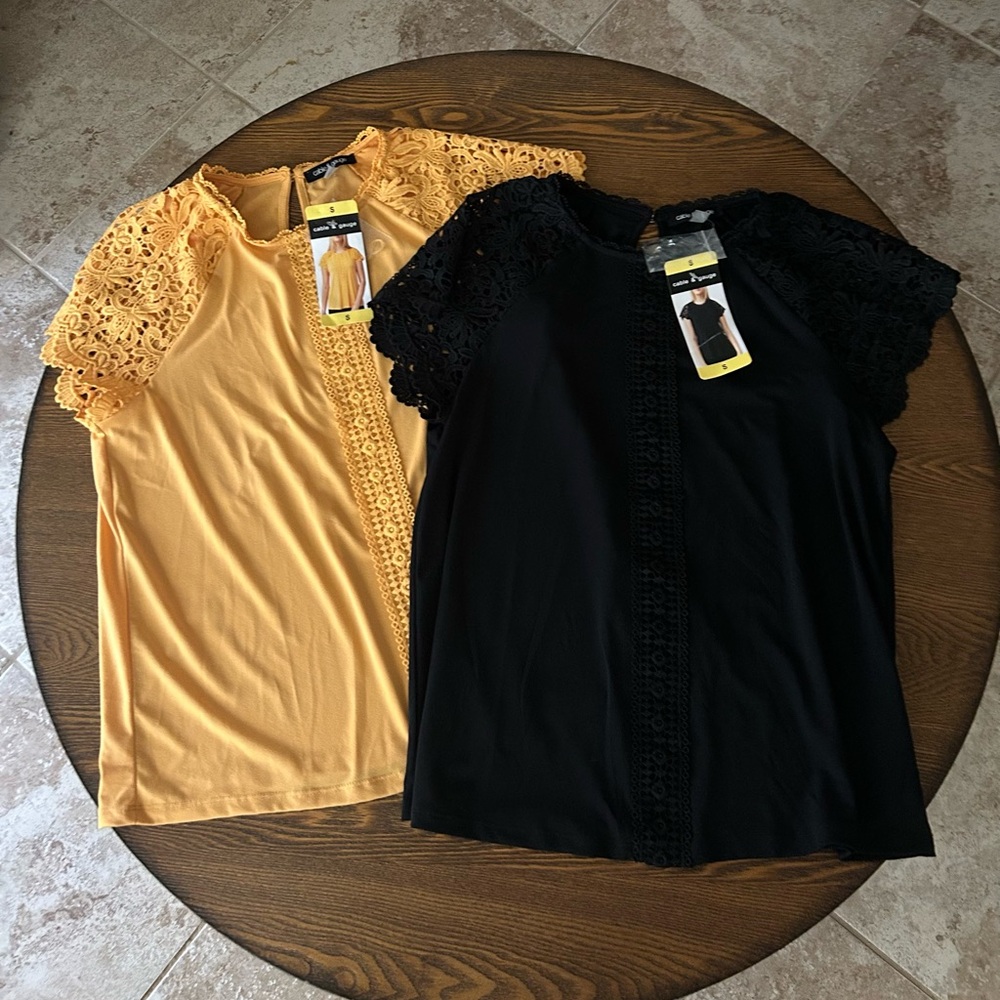 SET of 2- Cable & Gauge Yellow and Black Crochet Blouses with Cap Sleeves New